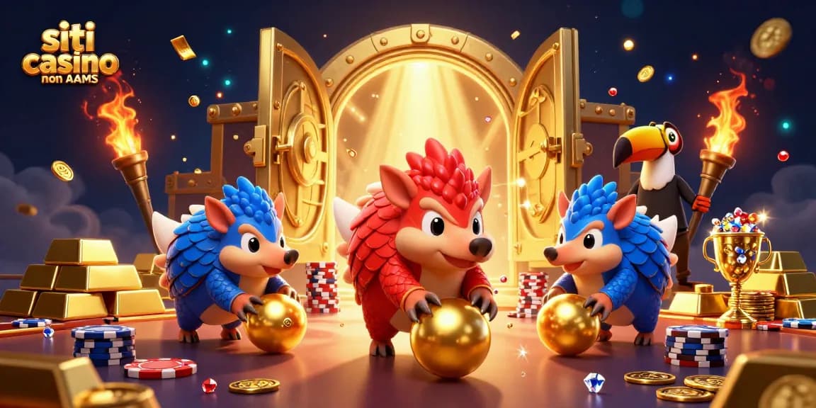 Visualizza i fantastici siti casino non AAMS con concorrenti che si sfidano tra poker chips e monete dorate.