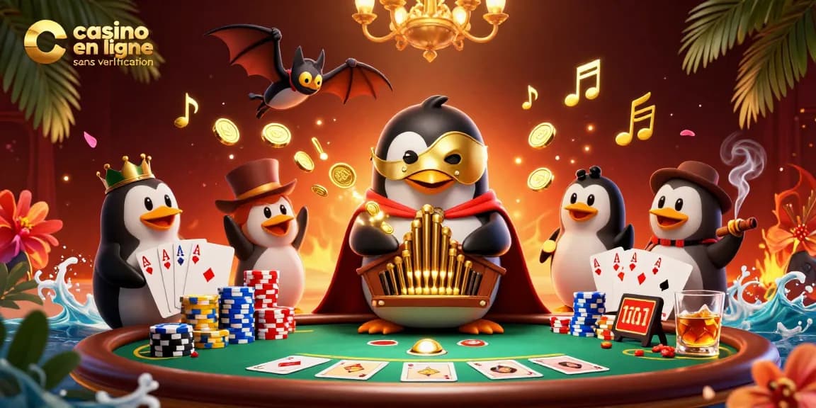 Profitez d'une expérience de jeu immersive avec un casino en ligne sans vérification, un pingouin fantôme jouant de l'orgue.