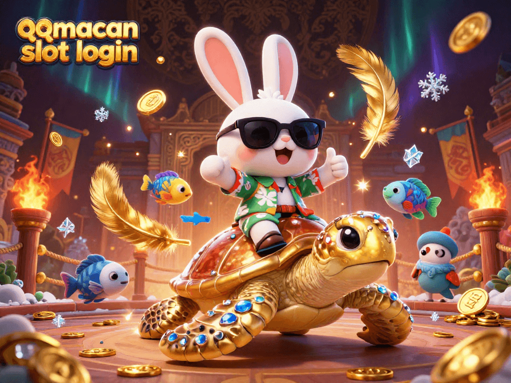 Experience thrilling gameplay with qqmacan slot login, featuring a lucky rabbit and golden turtle in a vibrant casino scene.