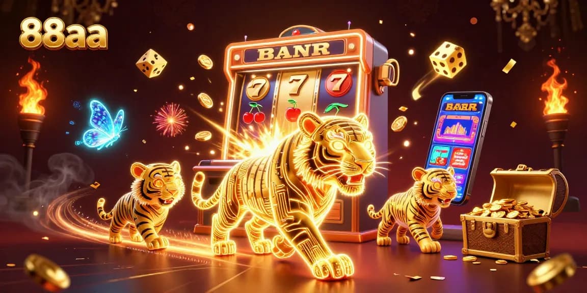 Experience thrilling gameplay at 88aa with a vibrant neon tiger in a dynamic casino scene.