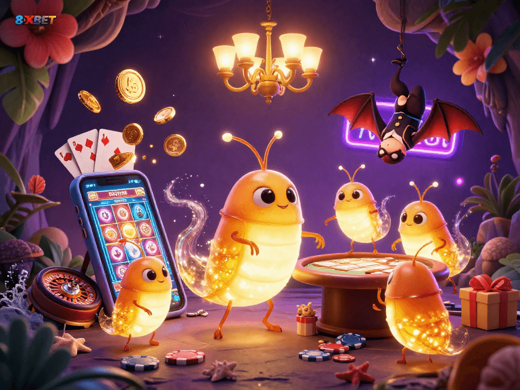 Experience the excitement of 8XBET with glowworms lighting up a vibrant cave casino.