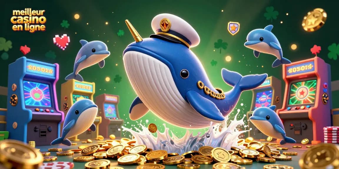 Plongez dans l'univers du meilleur casino en ligne avec un cétacé en costume vibrant et des pièces d'or.