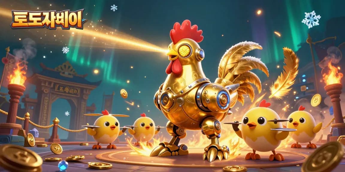 Experience top 토토사이트 action with a golden rooster robot battling in a vibrant casino arena.
