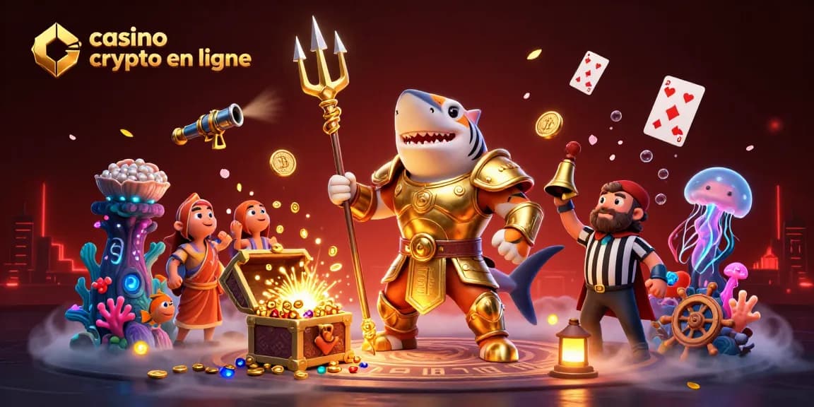 Le casino crypto en ligne propose une expérience immersive avec un requin tigre en armure et des pièces de monnaie flottantes.
