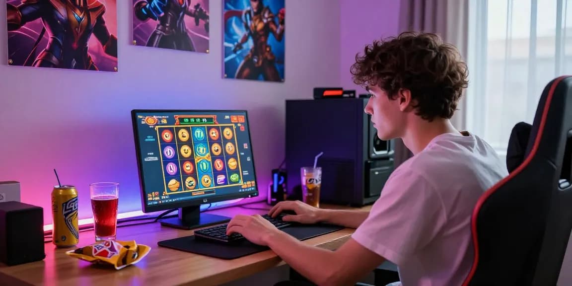 Intense online gaming experience featuring slot depo 5000 game on a laptop screen with colorful graphics and snacks.