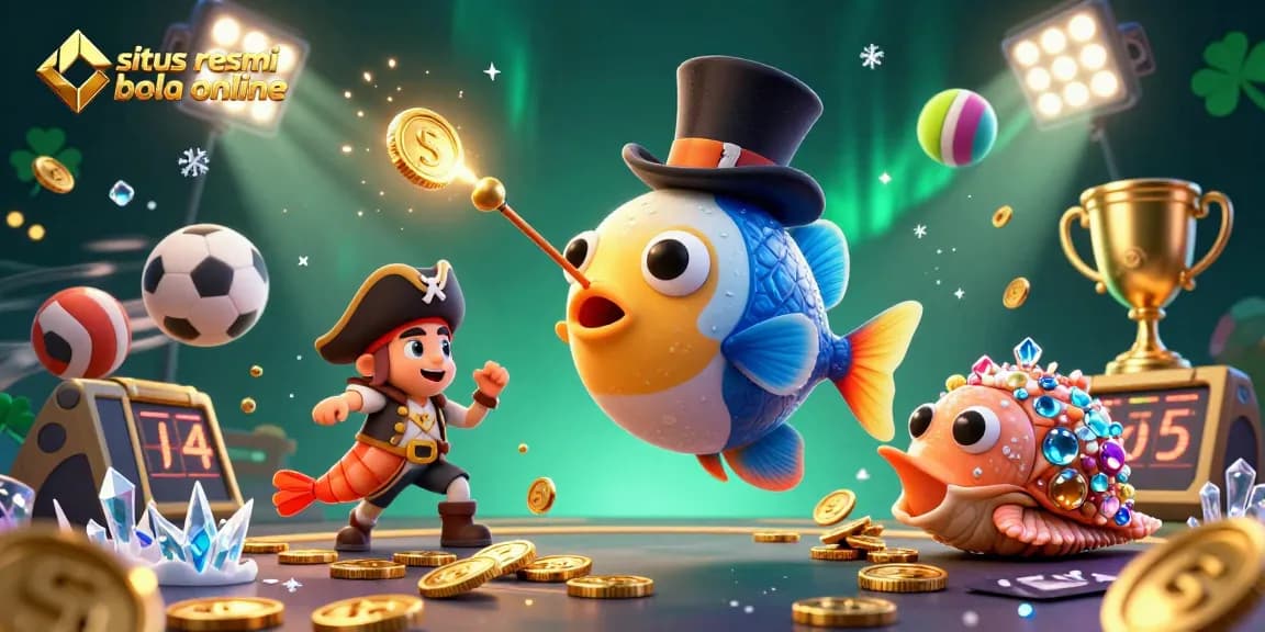 Situs resmi bola online showcasing a vibrant 3D scene with an anglerfish, shrimp, and a snail attracting golden coins.