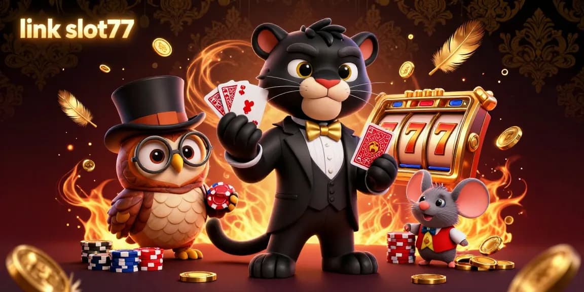 Engage with the thrilling link slot77 experience featuring a stylish panther dealer among vibrant casino elements.
