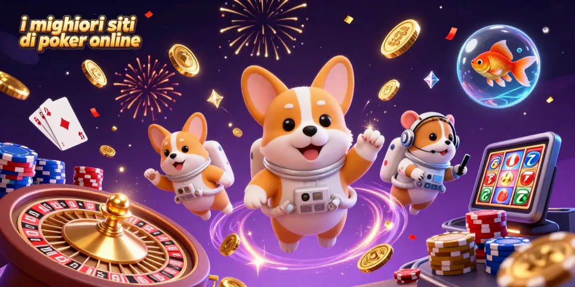 Scopri i migliori siti di poker online con un'illustrazione vivace di un corgi astronauta e divertenti elementi di gioco.