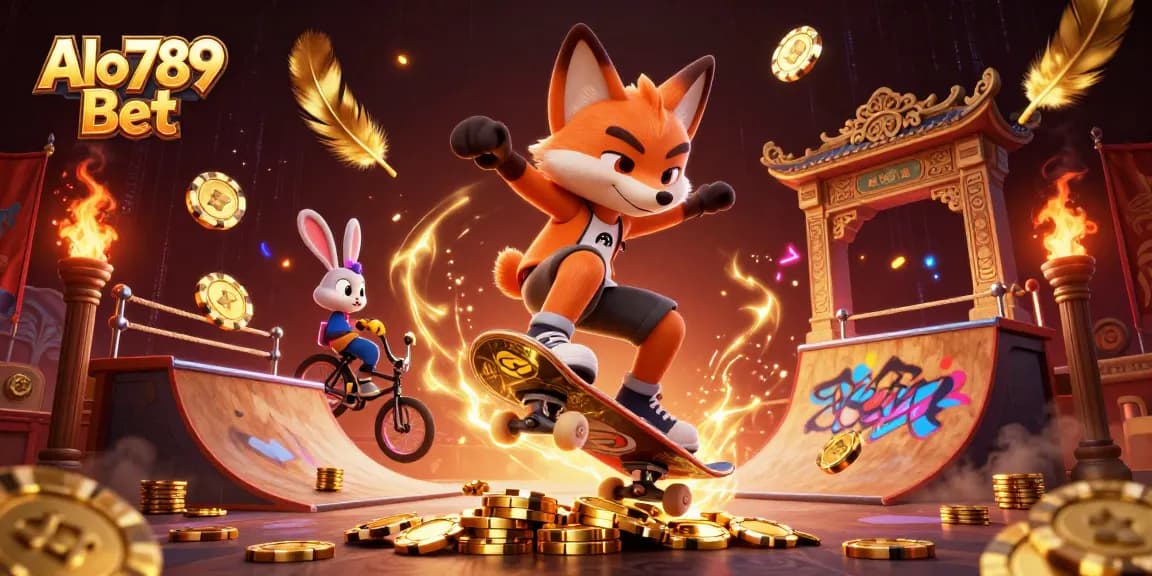 Alo789 Bet showcases a thrilling kickflip scene with vibrant casino-themed graffiti and lively action.
