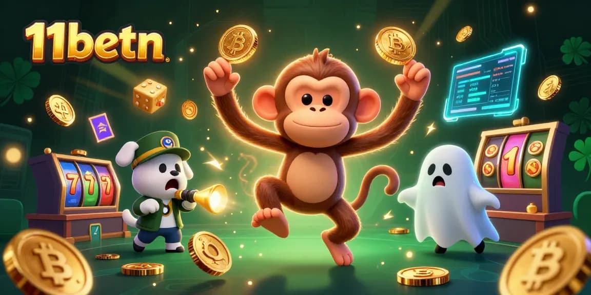 Engage with 11betn's vibrant casino atmosphere as a playful monkey juggles golden objects.