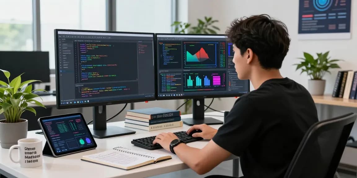 Data scientist working with machine learning tools in a modern office, showcasing algorithms and data visualizations on dual monitors.