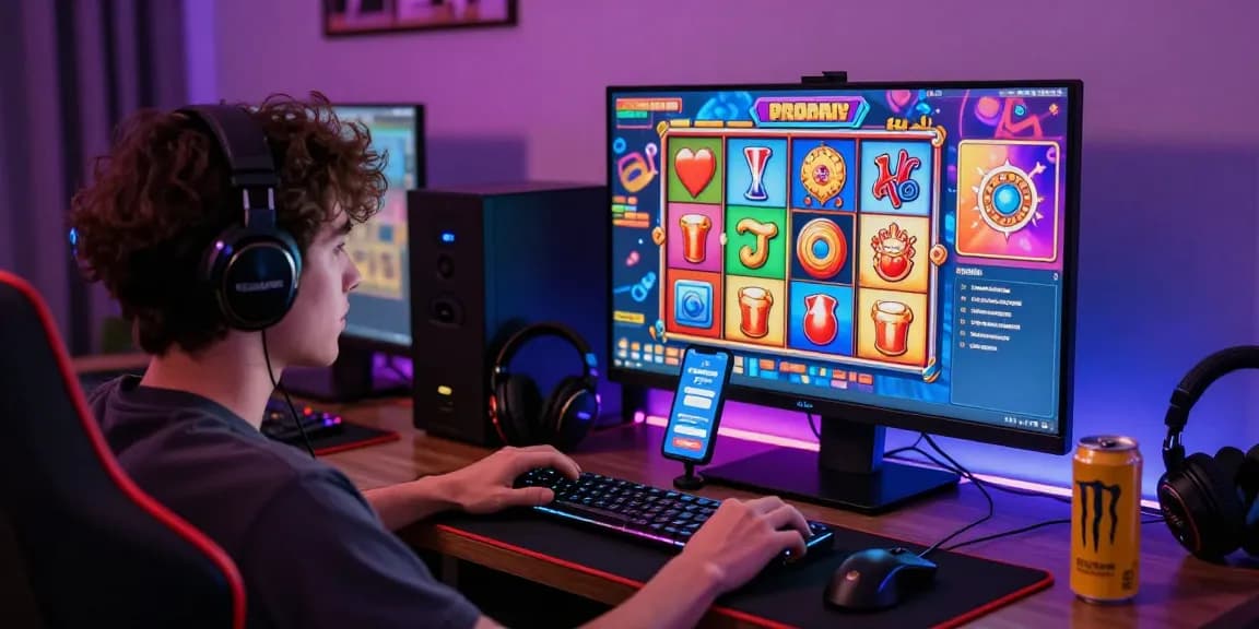 Engaging player enjoying deposit pulsa tanpa potongan experience on a computer in a vibrant gaming room.