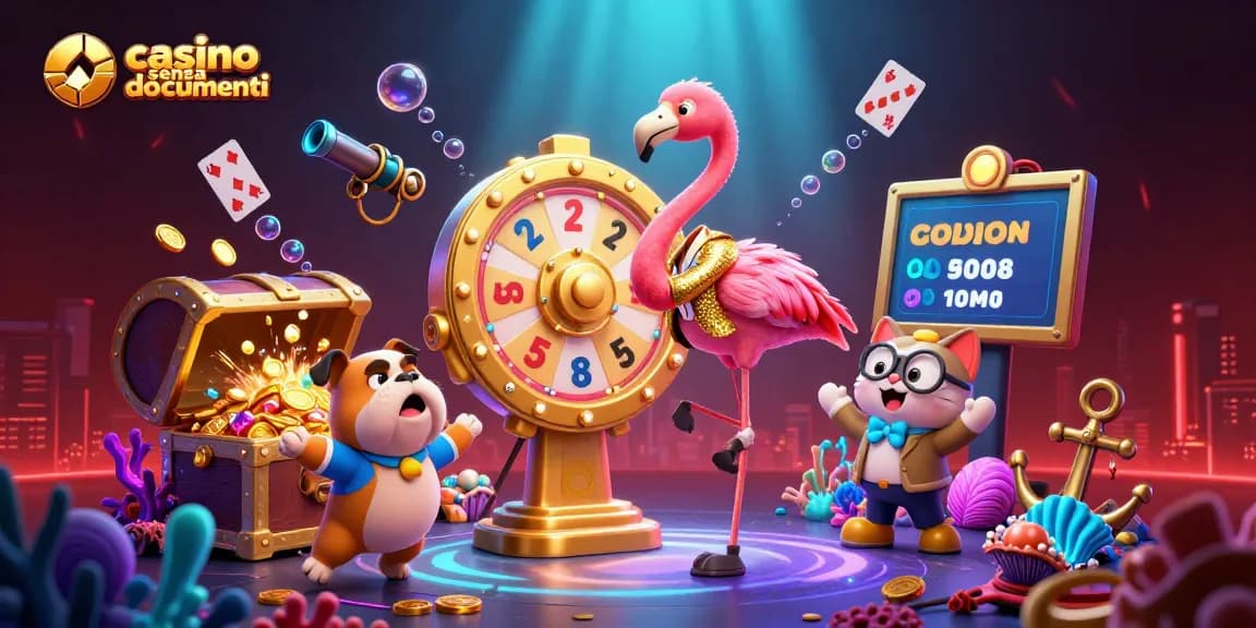 Casino senza documenti visuale con personaggi dinamici ed elementi di gioco emozionanti su uno sfondo colorato.