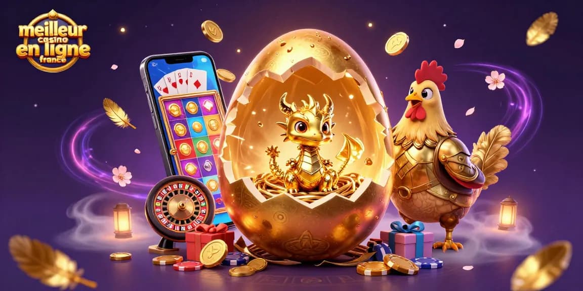 Jouer au meilleur casino en ligne France avec une image captivante d'un œuf d'or, un dragon et des jetons de poker.