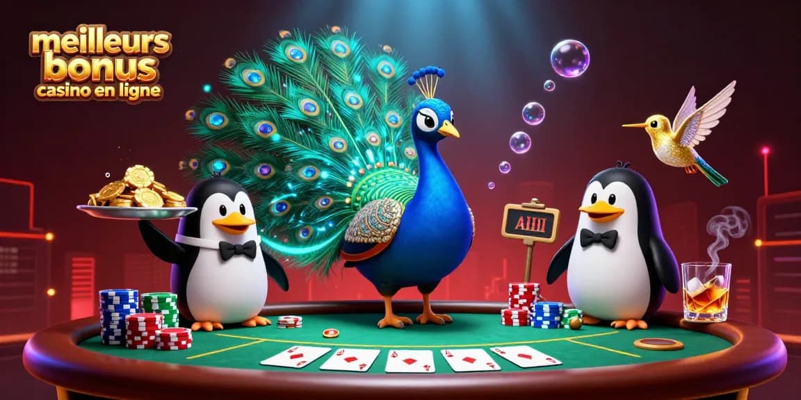 Découvrez les meilleurs bonus casino en ligne grâce à cette illustration dynamique de personnages de casino.