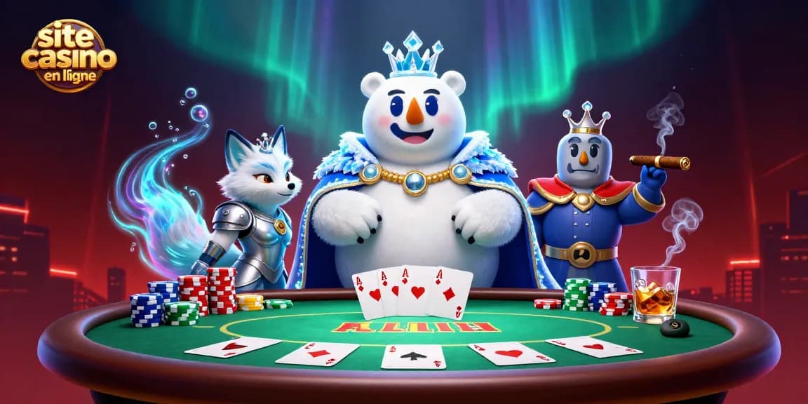 Vivez l'excitation du site casino en ligne avec ce majestueux ours polaire et un renard en armure, entourés de cartes et de jetons.