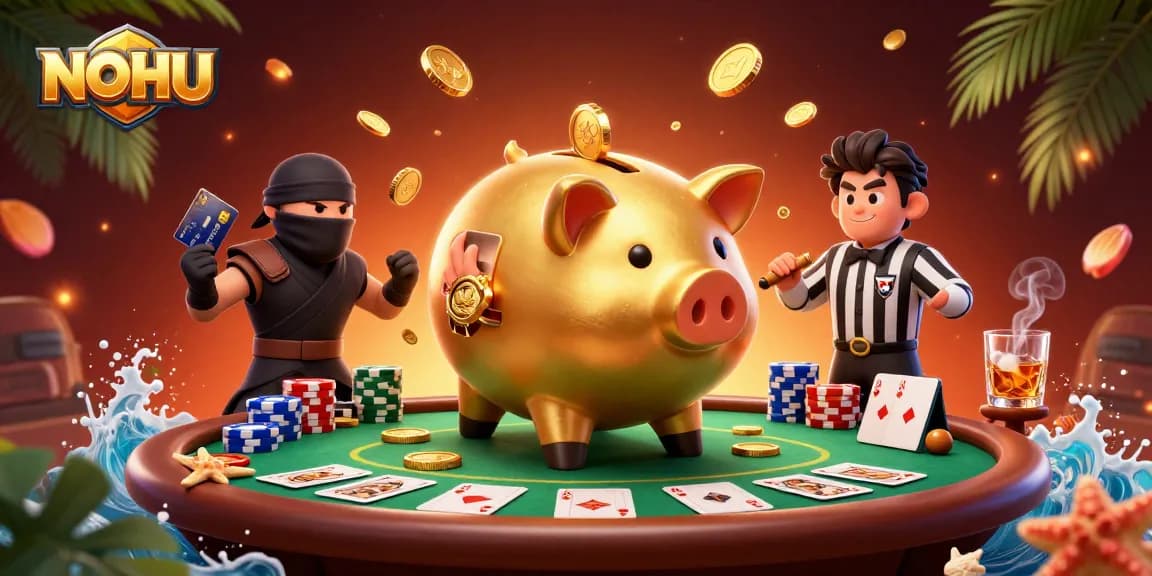Engage in thrilling gameplay at NOHU with golden piggy bank characters and a colorful poker scene.