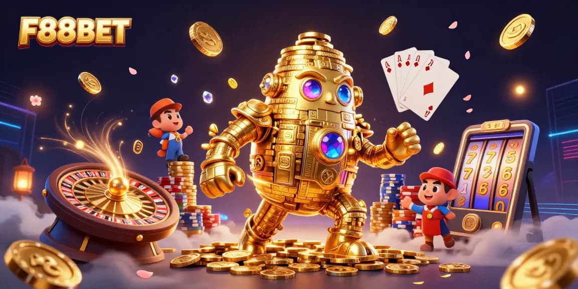 F88BET offers a vibrant gaming experience featuring a dynamic golden golem with coins and gems in a lively casino scene.