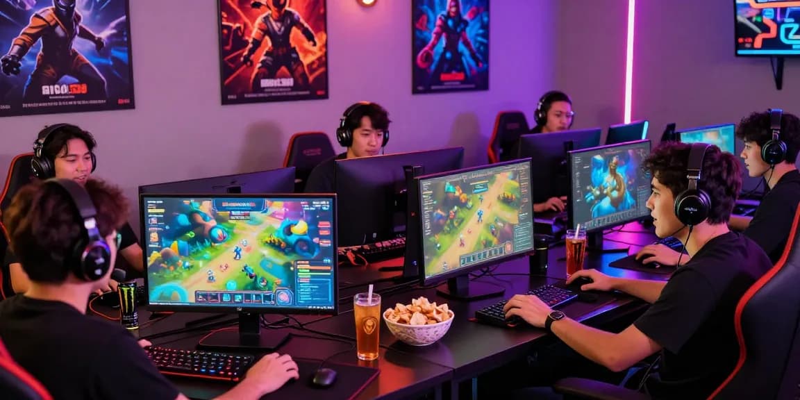 Dynamic gaming scene with gamers enjoying situs raja328 platform featuring vibrant interfaces and competitive atmosphere.