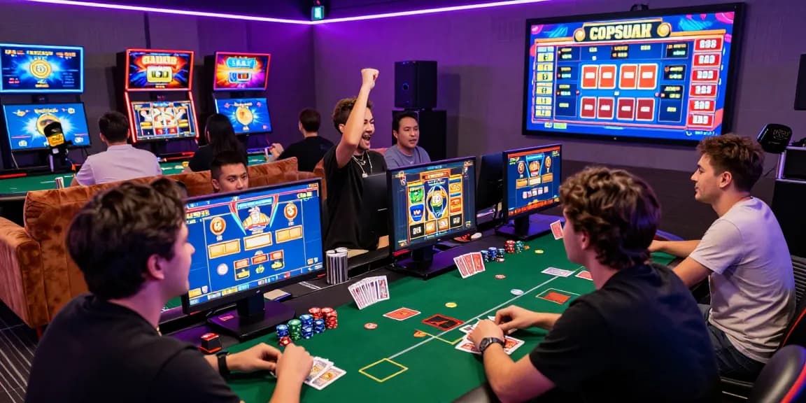 Exciting online slot gacor gaming scene with players enjoying vibrant games and celebrating wins.