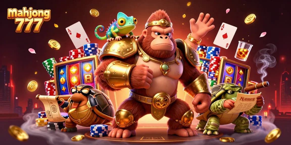 Experience mahjong 777 in a vibrant casino scene filled with slot reels, jackpots, and engaging characters.