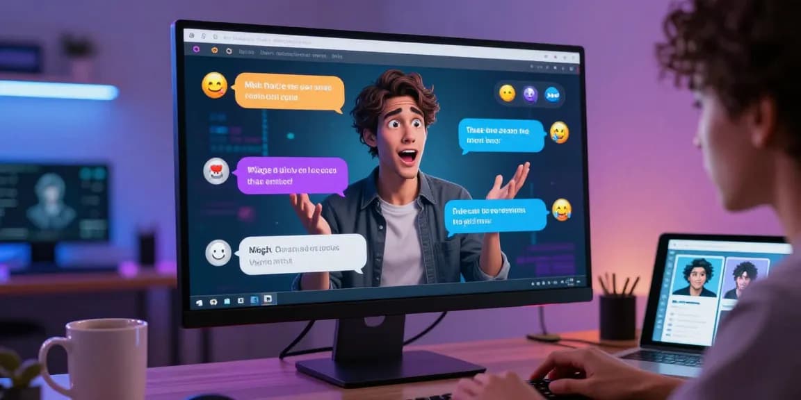 Engaging NSFW AI conversation on a sleek computer interface, showcasing vibrant chat bubbles and an excited user.