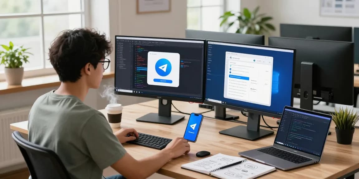 Downloading Telegram China APK free from a modern tech workspace with dual monitors.