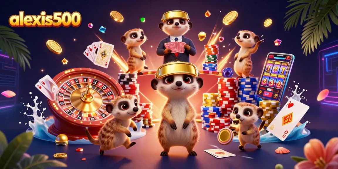 Experience winning action at alexis500 with vibrant cartoon meerkats running a casino operation.