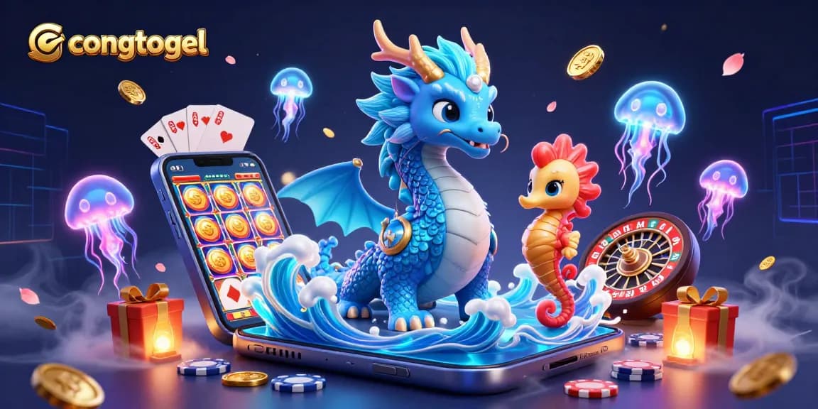 Engage in congtogel with a vivid 3D illustration featuring a water dragon, knight seahorse, and jellyfish amid casino elements.