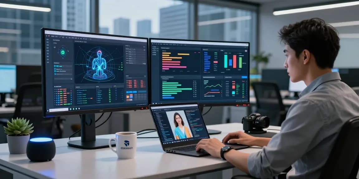 Dynamic tech workspace featuring an ai detector analyzing content moderation with advanced analytics.