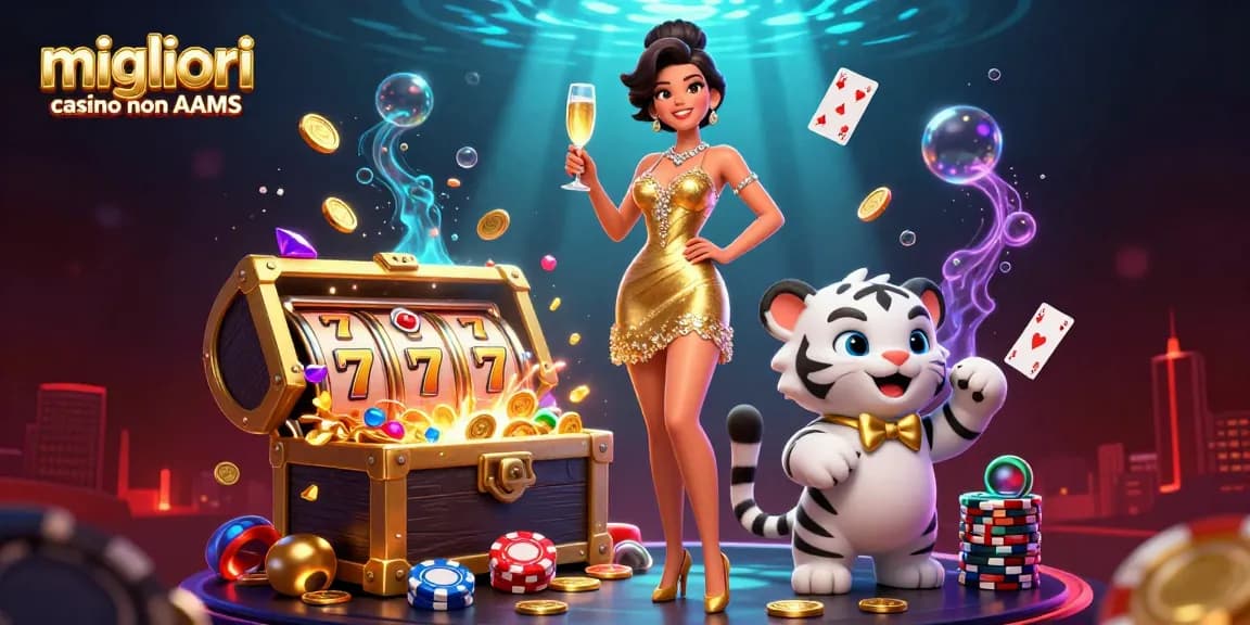 Vinci alla grande con i migliori casino non AAMS, con una donna glamour e una tigre fortunata in una vivace scena di gioco.