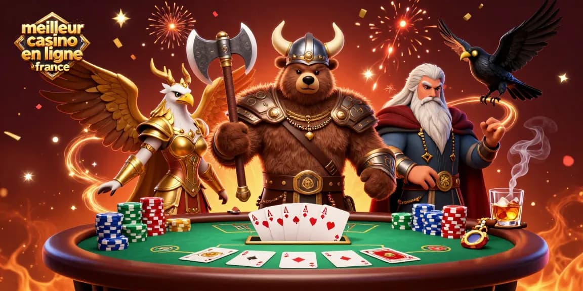 Illustration dynamique du meilleur casino en ligne France, avec des personnages de jeu vibrant et des éléments de poker.