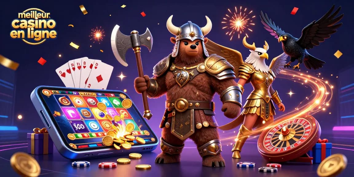 Visualisez le meilleur casino en ligne avec un ours viking, une aigle valkyrie et des éléments de jeu captivants.