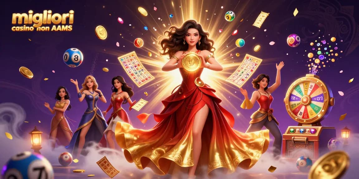 Migliori casino non AAMS con una splendida donna asiatica con una moneta d'oro, circondata da elementi vibranti della lotteria.
