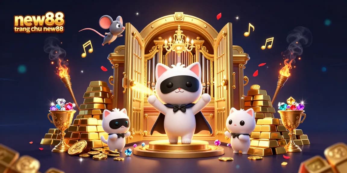 Experience new88 trang chủ new88 with a vibrant casino scene featuring a playful cat and golden treasures.