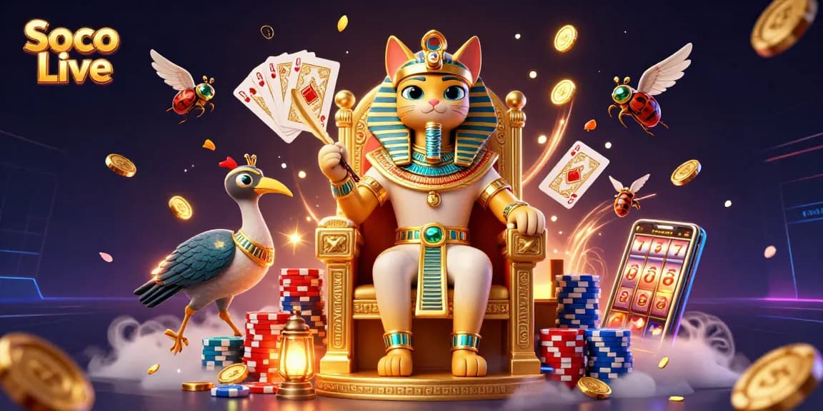 Soco Live showcases a 3D cartoon Egyptian pharaoh cat with treasures, symbolizing excitement in online gambling.