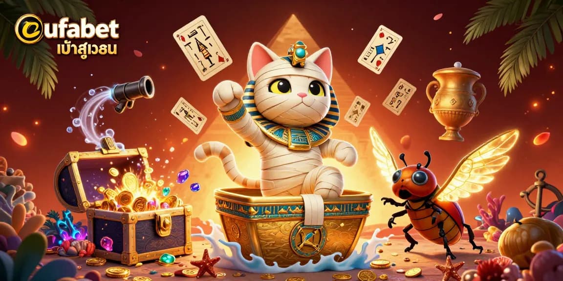 Experience the excitement of ufabet เข้าสู่ระบบ with a dynamic scene featuring a mummy cat and a scarab beetle.