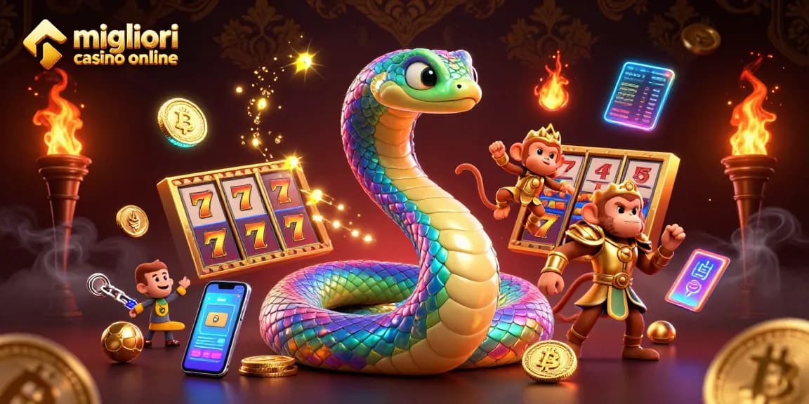 Scena di migliori casino online con un colorato serpente e un gioioso re scimmia insieme a coinvolgenti elementi delle slot e simboli di criptovaluta.