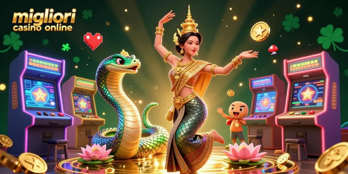 Goditi il gioco emozionante nella scena vivace che raffigura i migliori casinò online con personaggi vivaci ed elementi luminosi.