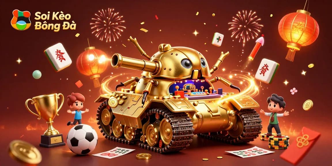Soi Kèo Bóng Đá showcases a massive golden tank revealing a vibrant sports betting casino with celebratory effects and dynamic elements.