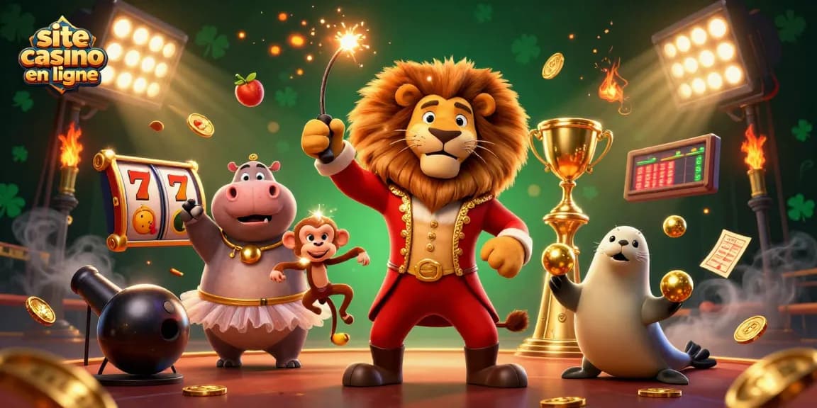 Profitez d'une illustration de site casino en ligne avec un lion majestueux, mettant en avant des jackpots et des éléments ludiques.