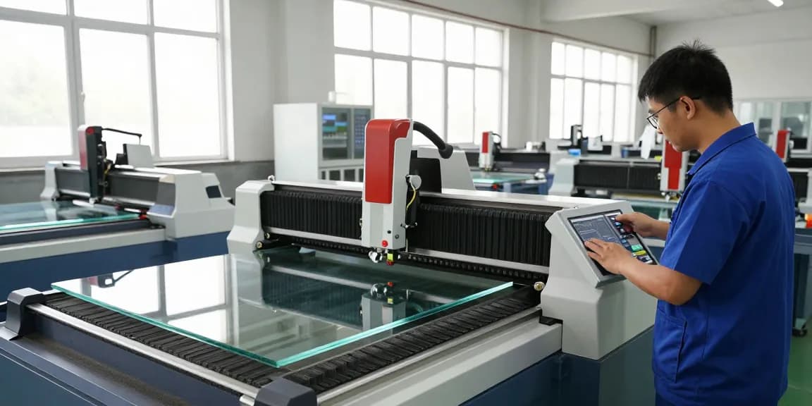 CNC glass cutting machine in a modern glass processing facility operated by a technician with advanced glass tools.