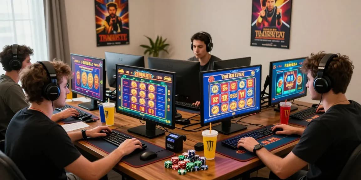 Expérience de jeu engageante dans un casino en ligne avec des joueurs devant des ordinateurs, mettant en avant l'excitation des casinos en ligne en France et une ambiance immersive.