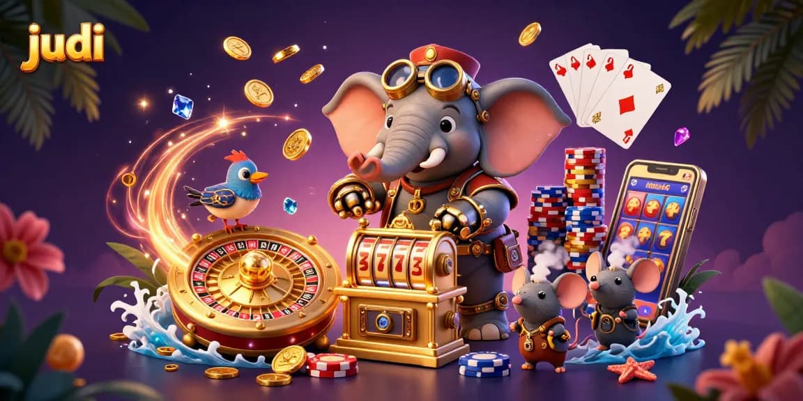 Experience judi excitement with a steampunk elephant at a golden slot machine amidst vibrant casino elements.
