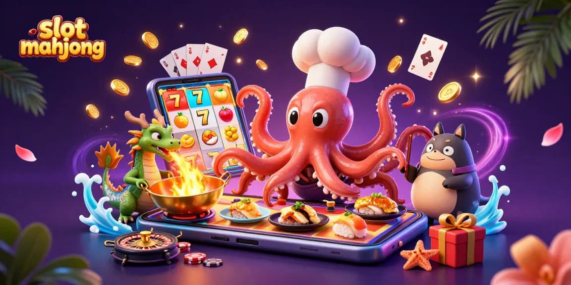 Experience fun with slot mahjong, featuring 3D characters like an octopus chef and dragon in an exciting casino scene.