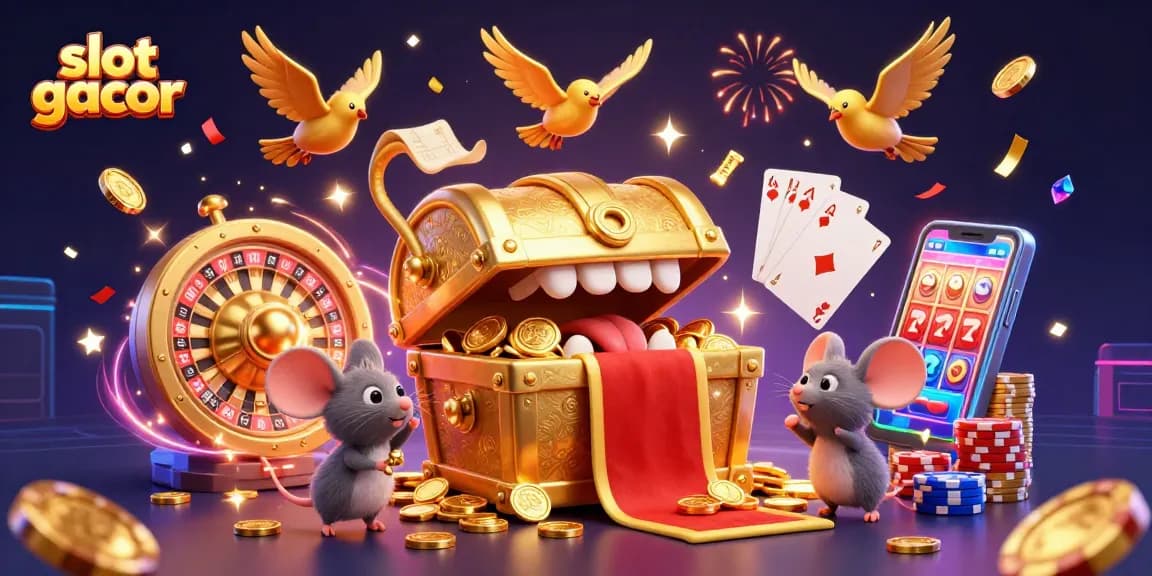 Slot gacor menarik perhatian pemain dengan gulungan slot dan simbol keberuntungan yang berkilauan.