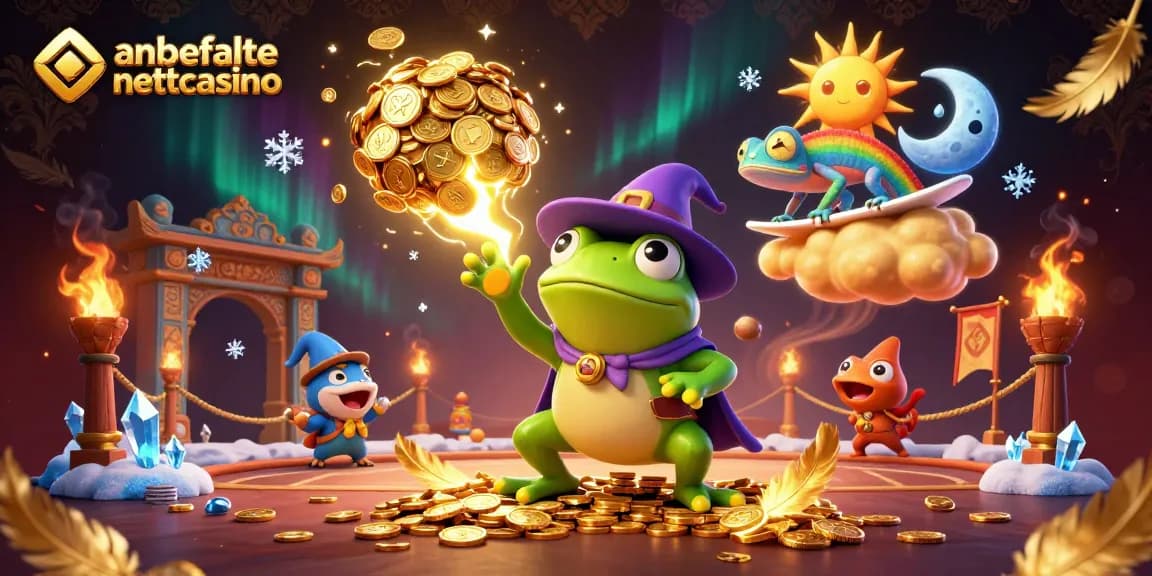 Spille på anbefalte nettcasino med magiske karakterer og gullmynter som regner ned fra himmelen.