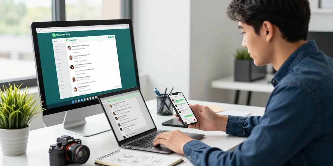 Engaged professional using WhatsApp網頁版 in a modern office space.
