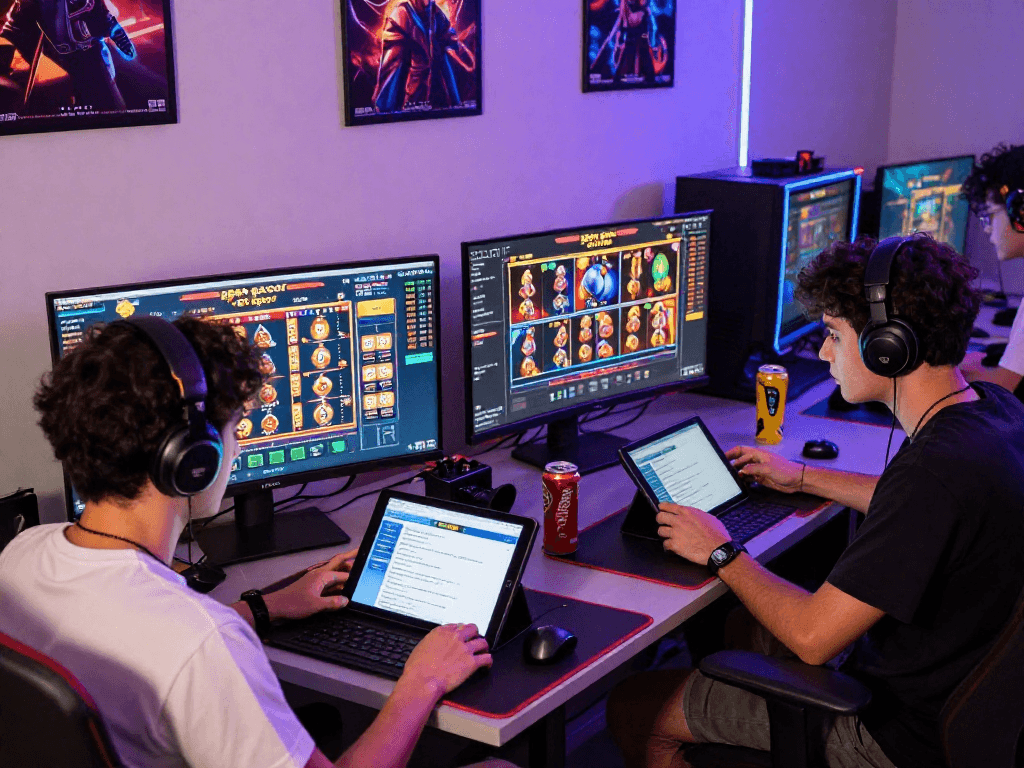 Exciting online gaming environment showcasing gamers focused on 'agen gacor' slot games with vibrant screens and modern décor.
