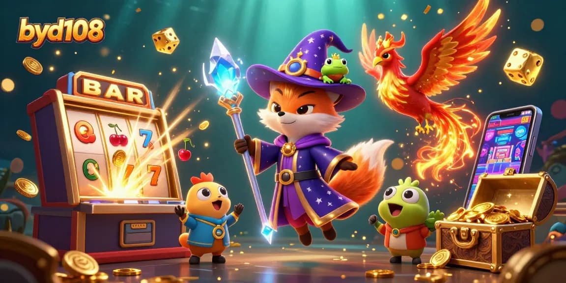 Putar slot menguntungkan di byd108 dengan koin berkilau dan simbol jackpot.
